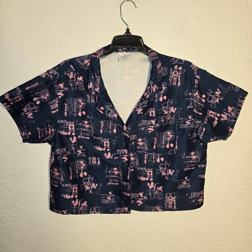 EMPYRE Women's S Pink Skull Graphic Button Up Crop top Shirt Grunge Navy Goth